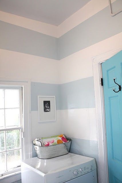 The wall stripes in the Laundry Room are  Benjamin Moore's – "Mountain