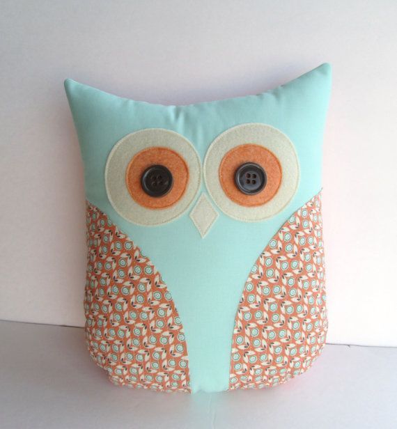 decorative owl pillow, mint green and coral owl, home decor, orange nursery deco