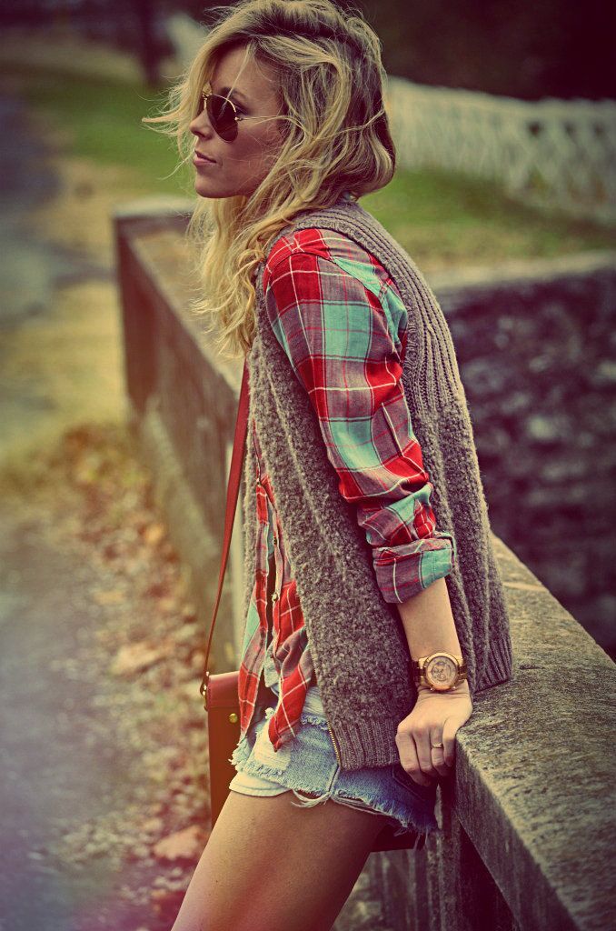 knit vest over plaid so cute