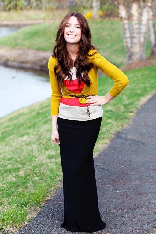 mustard cardigan, coral and white top, leopard skinny belt, black maxi skirt