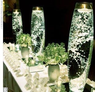 Baby's breath in water with a floating candle… Cool