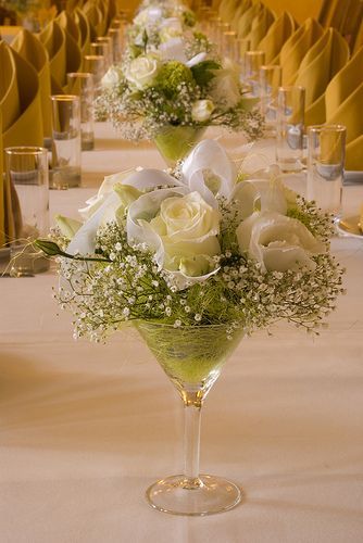 Creative White Roses and Baby's Breath Centerpieces in Martini Glasses