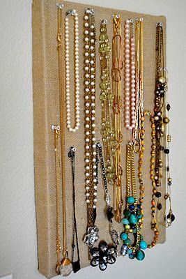 DIY Necklace display… using a shoe box, fabric, and thumbtacks. How clever!