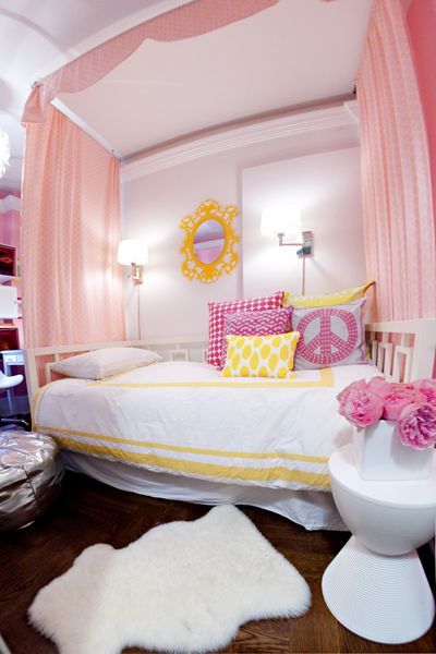For Kate:  girl's rooms – pink drapes diy canopy white West Elm overlapping