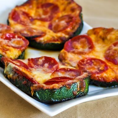 GRILLED ZUCCHINI PIZZA SLICES –    -large zucchini slices, cut 3/4 inch thick  –