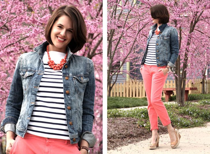 How to wear colored pants, Breton Stripes, Jean Jacket, What shoes to wear with