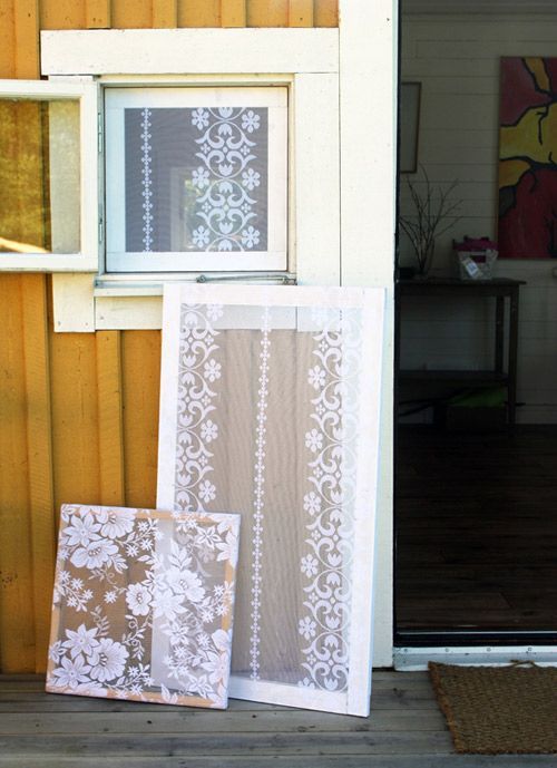 Lace stretched over a frame to make a screen to keep out bugs. Love this instead