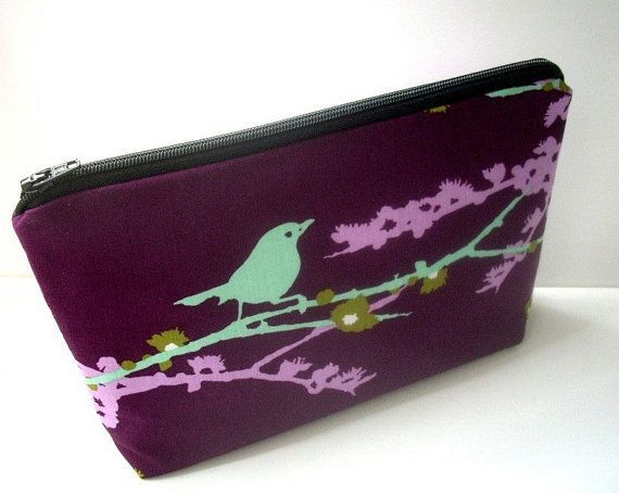 Large Cosmetic Bag Flat Bottom Padded Zipper Pouch Sparrows on Plum by JPATPURSE