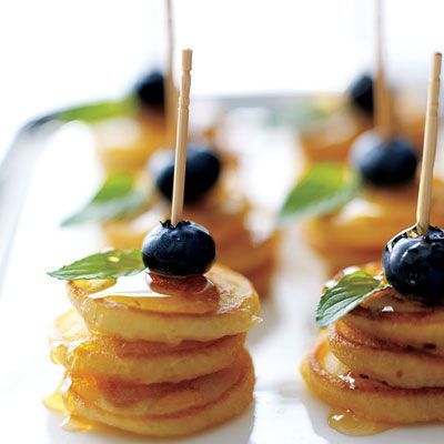 Mini Pancake Appetizers! Such a fun idea. You could even fit one slice of chocol