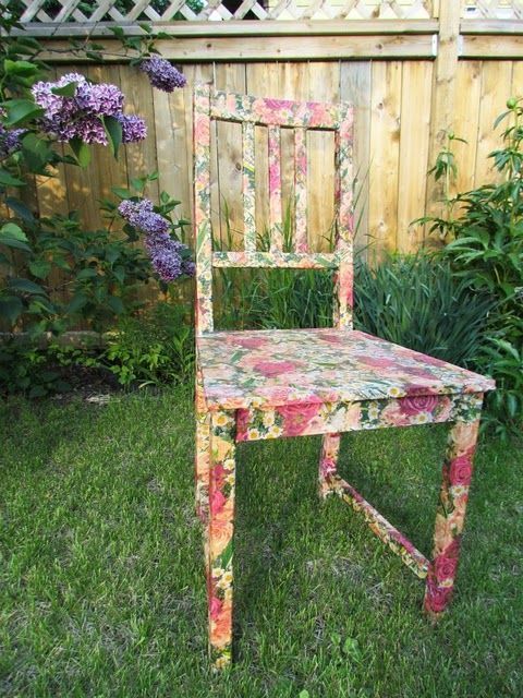 Mod Podge Chair!!!  I have done this method on wicker baskets but I have 5 yes 5