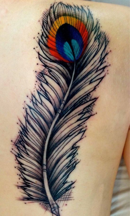 See more Colorful peacock feather tattoos on back