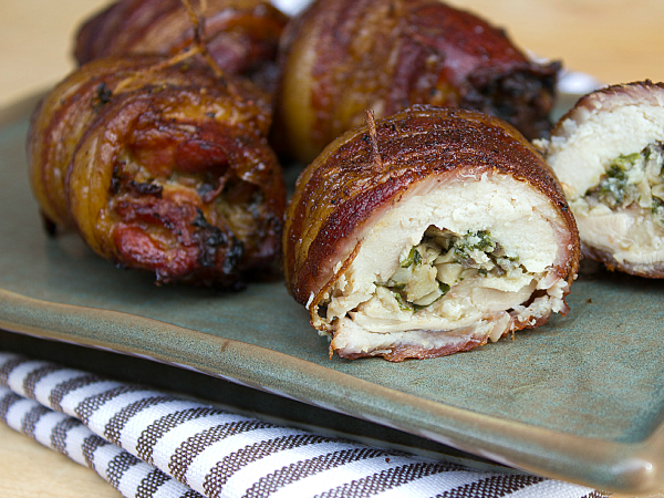 Smoked Chicken Thighs Wrapped in Bacon with Mushroom Stuffing