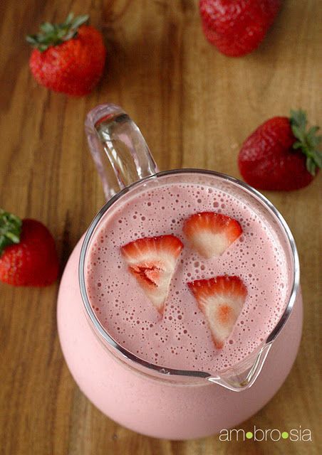 Strawberry Lassi- a refreshing Indian drink- Just strawberries, honey, greek yog