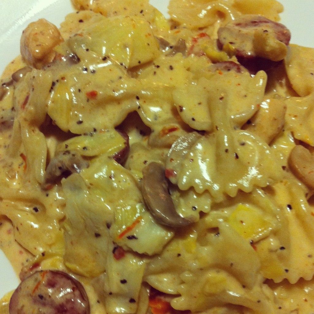 This is our go-to for a one pot dish… Spicy Romano Chicken Pasta.  Not too spi