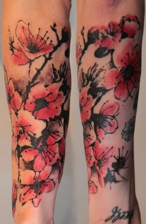 Unique cherry blossom tattoo..almost like watercolor ink. I am stuck on this dow