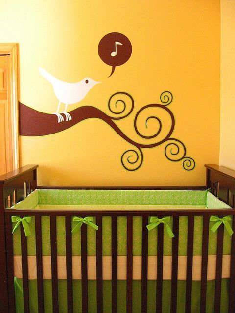 Yellow and Green Nursery Mural. Love the music notes and songbird!!