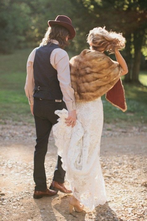 hipster wedding couple – bride with faux fur–if only I were young again?  I&#39