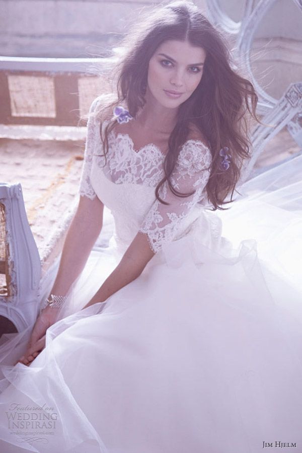 jim hjelm spring 2013 wedding dresses tulle ball gown lace three quarter sleeves