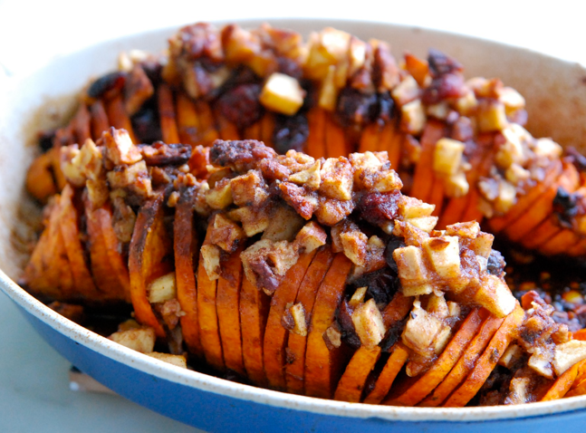 sweet potatoes stuffed with apples, cranberries, and pecans