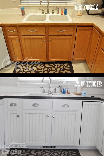 Add bead board to flat panel cabinets and paint…She's got an AMAZING bathr