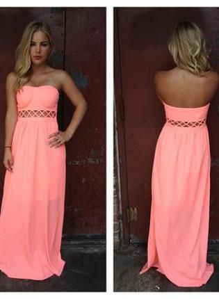 Coral Longer Lengths Dress – Neon Coral Strapless Maxi Dress