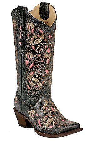 Corral Ladies Distressed Black/Brown Floral w/ Pink Inlay Snip Toe Western Boots