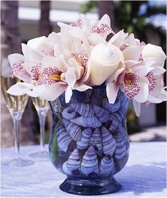 Elegant beach theme centerpiece with seashells and flowers. Perfect for beach we