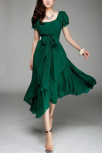 Irregular Hemline Bound Waist Short Sleeve Dress