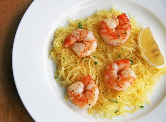 Roasted shrimp over spaghetti squash. Yum!