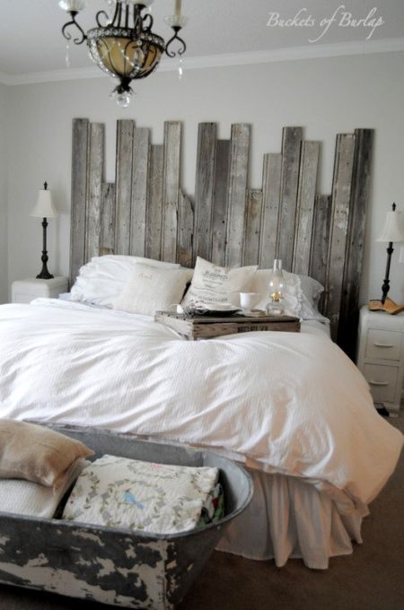 Rustic Romantic Master Bedroom, With soft gray walls and a DIY recycled headboar