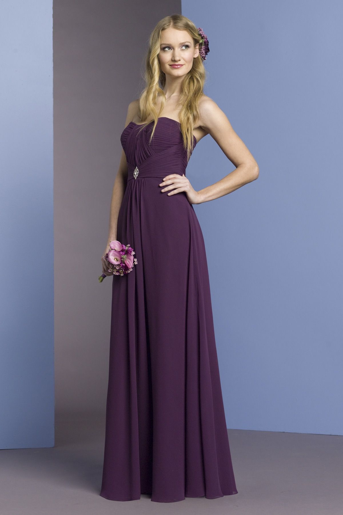 Strapless A-line chiffon bridesmaid dress. LOVE this color