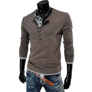 (VT09-BROWN) Mens Casual Long Sleeve Layered Style Button Tshirts