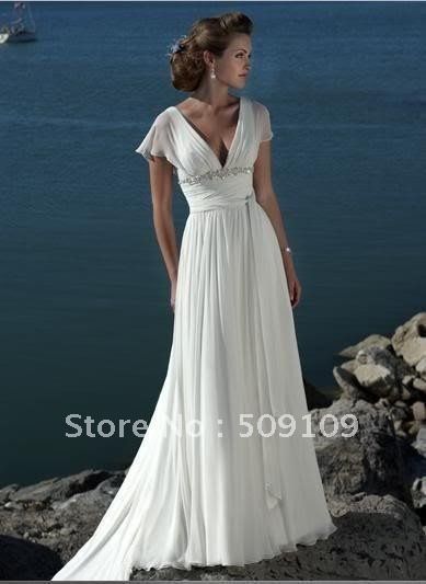 mobile site-Short Sleeves Simple Beach Wedding Dress Sheath/Column V Neck Chiffo