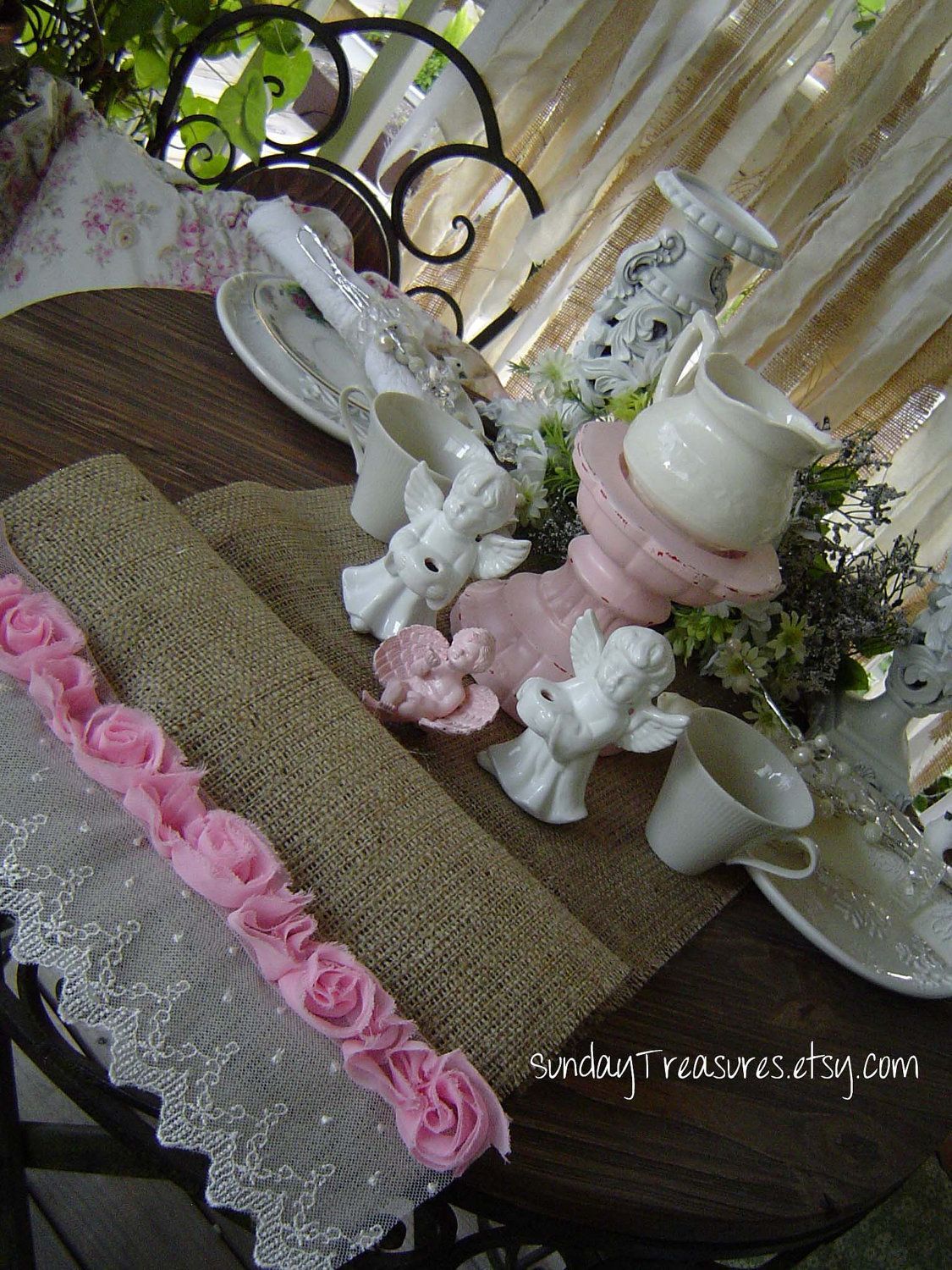 12"x72" Natural BURLAP TABLE RUNNER. PiNK Tattered Roses White Lace Wedd