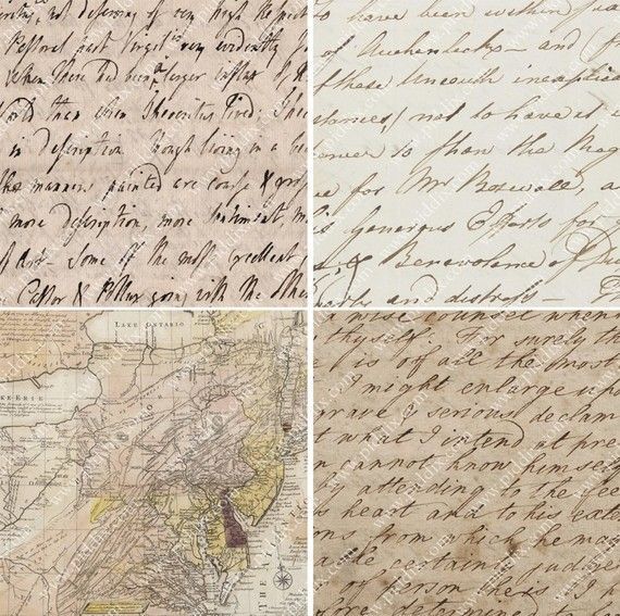 A dozen squares of vintage love letters (from the 1700s), maps, and ancient parc