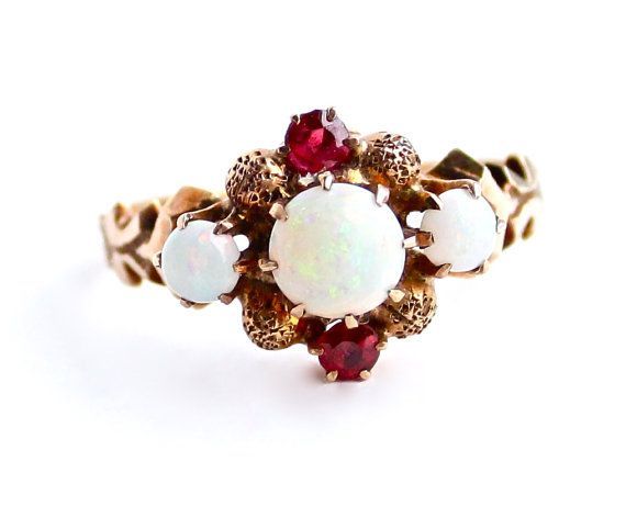 Antique 10K Gold Opal &amp; Ruby Red Stone Ring Fine Jewelry  by MaejeanVINT