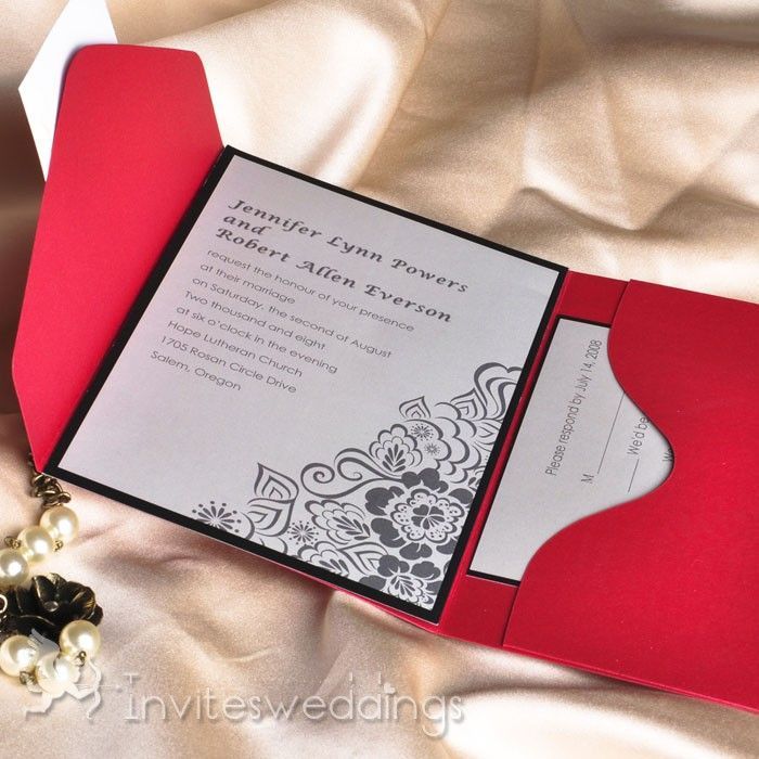Black And White Floral Red Pocket Wedding Invitations IWPS056
