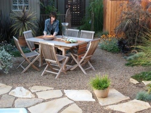 Flagstone and pea gravel. Backyard garden by Debora Carl landscape design.
