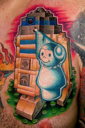 R2-D2 and Princess Leia Star Wars chest tattoo ink, by Nate Beavers and Jeff Ens