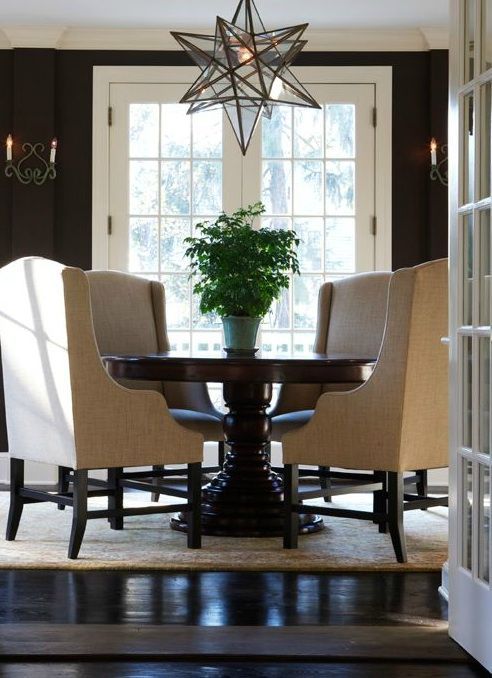 Sage Design: Elegant dining room with chocolate brown walls paint color, French