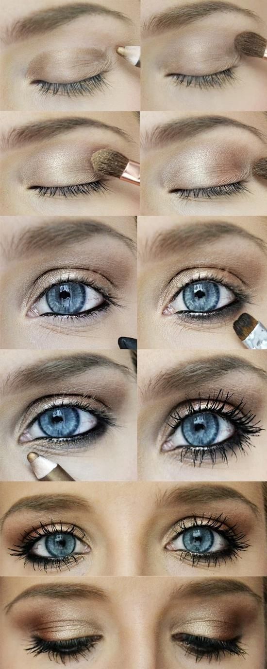 gold-bronze eye makeup. perfect for the baby blues