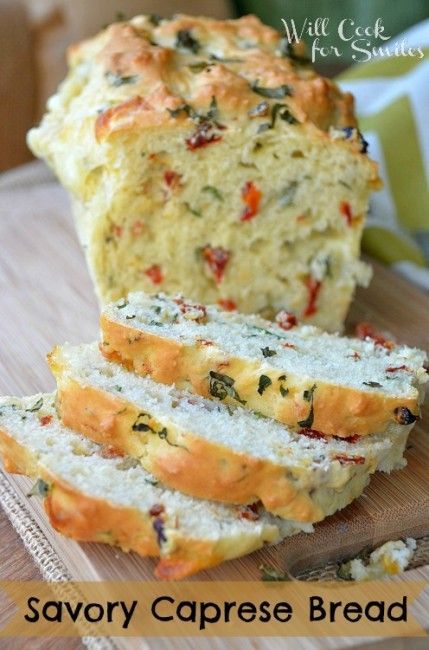 Savory Caprese Bread (no yeast; fresh basil, fresh mozzarella cheese, sun-dried