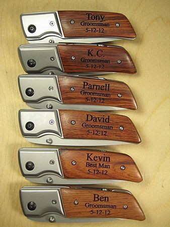 6 Engraved Knives Pocket Knife LED Flashlight Personalized Wood Groomsman Ring B