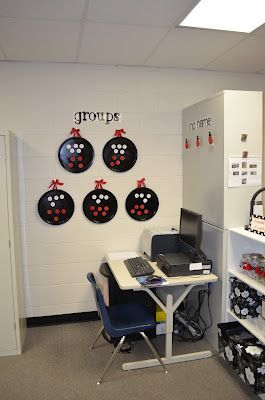 Classroom set up: So organized!  Does my OCD heart good. My pizza pan groups (ye