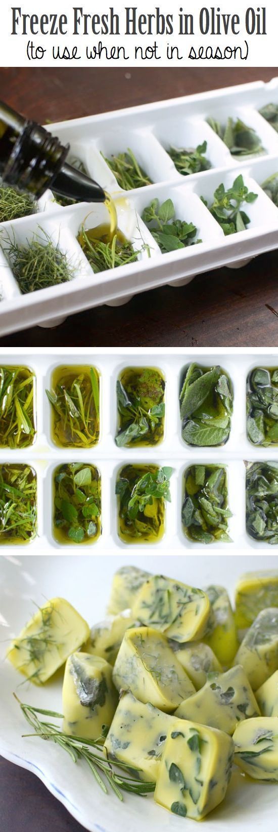 Freeze fresh herbs in olive oil! Now you can easily add the cubes to pasta or po