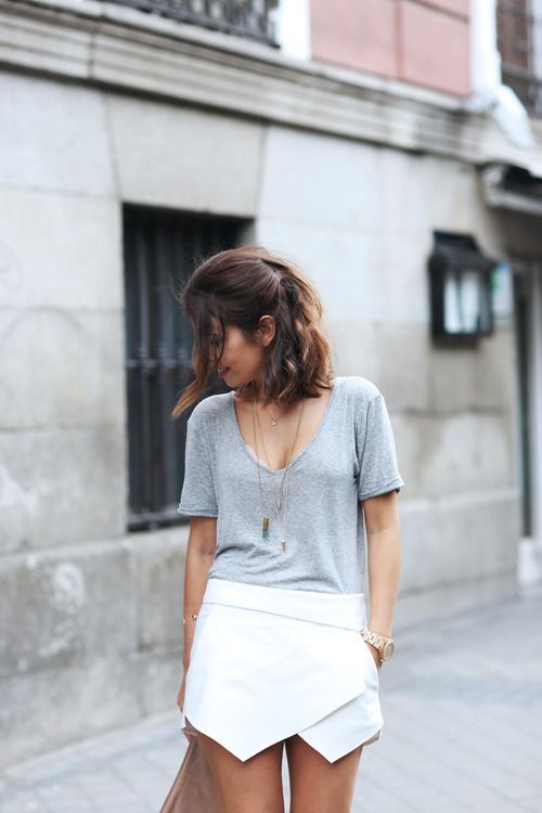 grey tee + white skirt
