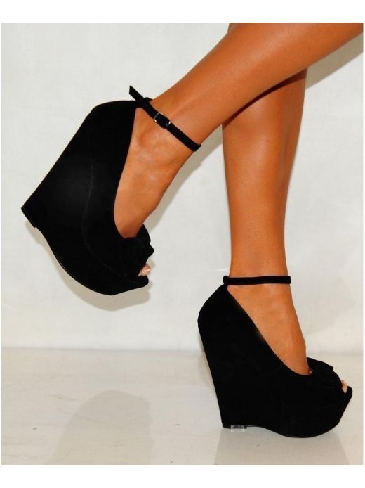 Koi Couture Ladies Black Suede Bow Strappy Platform Wedges Shoes