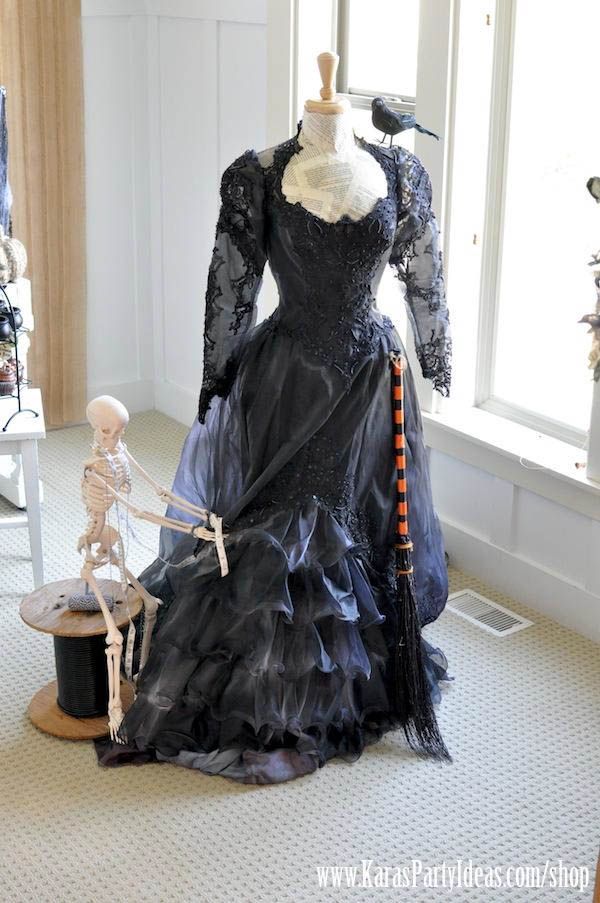 Witchs costume…purchase old wedding dress at thrift store and dye black. (Love