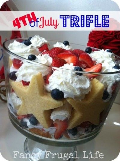 4th of July patriotic trifle.  Would be pretty with colored cake squares.