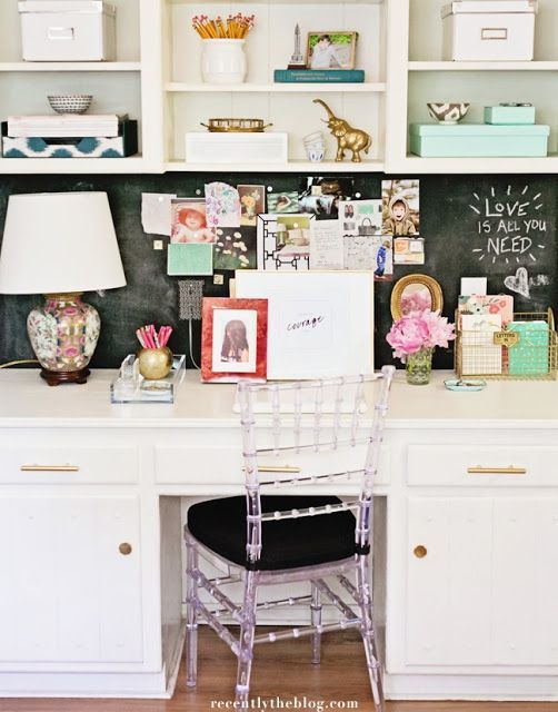 chalkboard wall above desk, lucite chair, and chinoiserie lamp. Love it all!